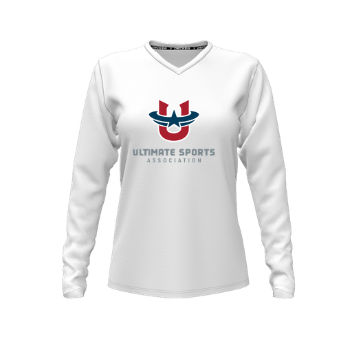[CUS-DFW-TEES-CMF-VNK-LSL-WHT-FYXS-LOGO1] Decker Comfort T-Shirt (Female Youth XS, White, V Neck, Logo 1, Long Sleeve)