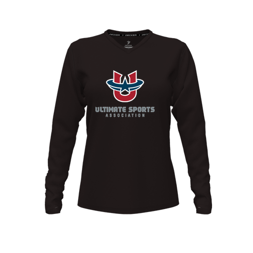 [CUS-DFW-TEES-CMF-VNK-LSL-BLK-FYXS-LOGO1] Decker Comfort T-Shirt (Female Youth XS, Black, V Neck, Logo 1, Long Sleeve)