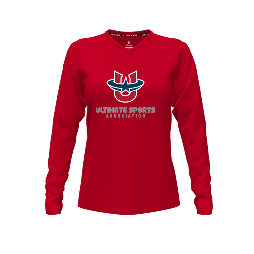 [CUS-DFW-TEES-CMF-VNK-LSL-RED-FYXS-LOGO1] Decker Comfort T-Shirt (Female Youth XS, Red, V Neck, Logo 1, Long Sleeve)
