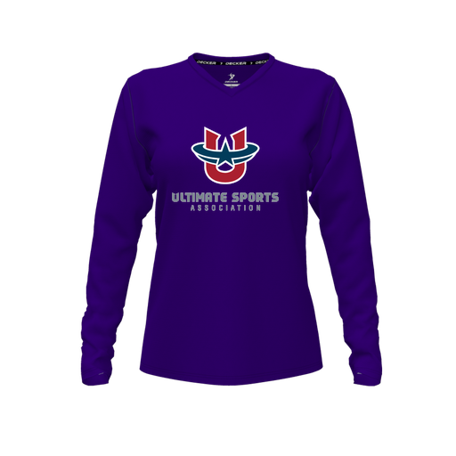 [CUS-DFW-TEES-CMF-VNK-LSL-PUR-FYXS-LOGO1] Decker Comfort T-Shirt (Female Youth XS, Purple, V Neck, Logo 1, Long Sleeve)