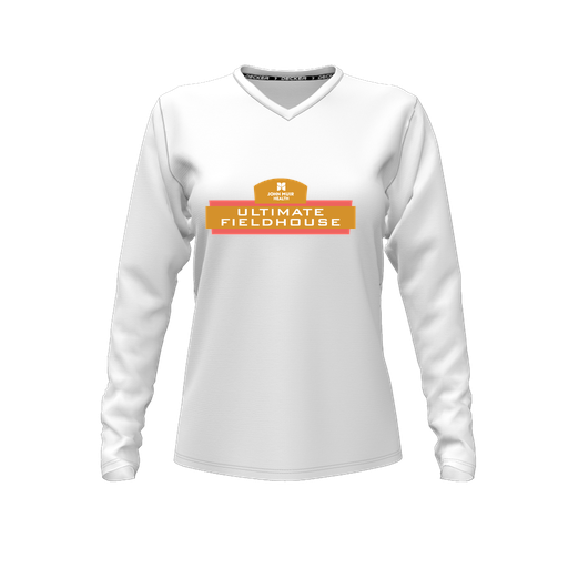 [CUS-DFW-TEES-PER-VNK-LSL-WHT-FYXS-LOGO2] Decker Performance T-Shirt (Female Youth XS, White, V Neck, Logo 2, Long Sleeve)