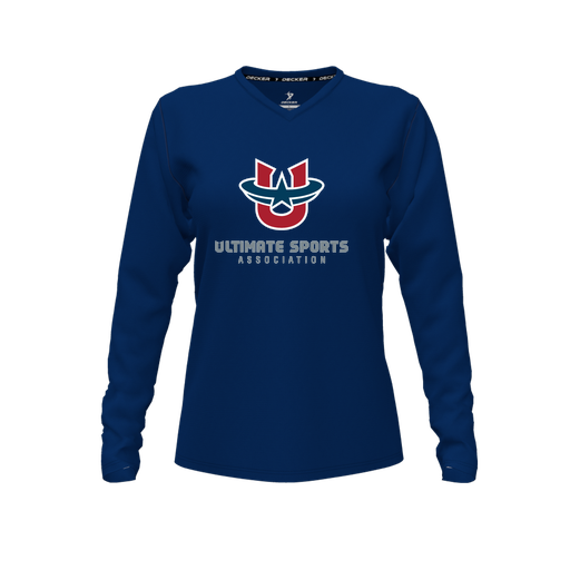 [CUS-DFW-TEES-PER-VNK-LSL-NVY-FYXS-LOGO1] Decker Performance T-Shirt (Female Youth XS, Navy, V Neck, Logo 1, Long Sleeve)