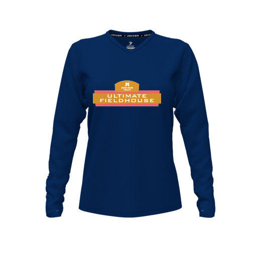 [CUS-DFW-TEES-PER-VNK-LSL-NVY-FYXS-LOGO2] Decker Performance T-Shirt (Female Youth XS, Navy, V Neck, Logo 2, Long Sleeve)