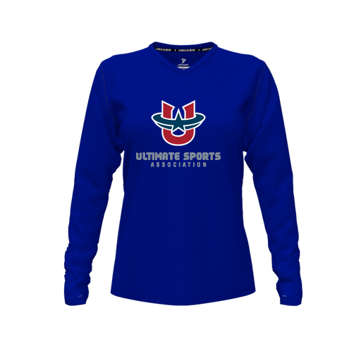 [CUS-DFW-TEES-PER-VNK-LSL-RYL-FYXS-LOGO1] Decker Performance T-Shirt (Female Youth XS, Royal, V Neck, Logo 1, Long Sleeve)