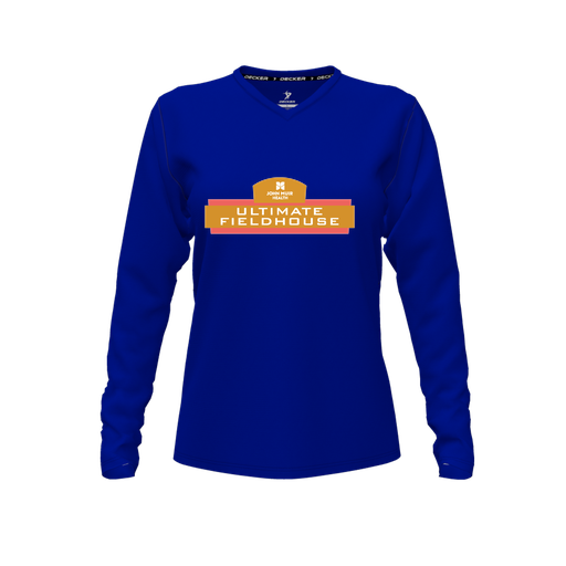 [CUS-DFW-TEES-PER-VNK-LSL-RYL-FYXS-LOGO2] Decker Performance T-Shirt (Female Youth XS, Royal, V Neck, Logo 2, Long Sleeve)