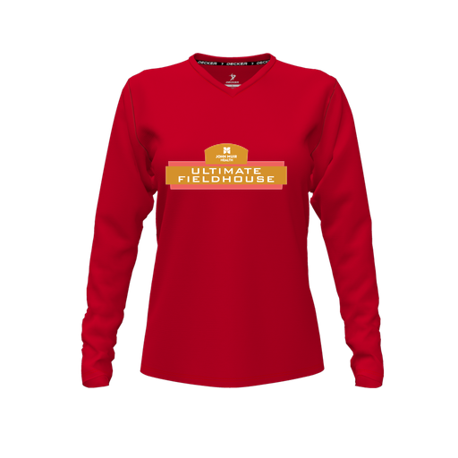 [CUS-DFW-TEES-PER-VNK-LSL-RED-FYXS-LOGO2] Decker Performance T-Shirt (Female Youth XS, Red, V Neck, Logo 2, Long Sleeve)