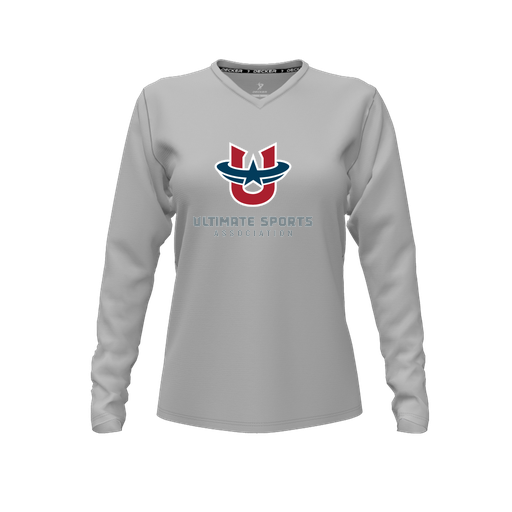 [CUS-DFW-TEES-PER-VNK-LSL-GRY-FYXS-LOGO1] Decker Performance T-Shirt (Female Youth XS, Gray, V Neck, Logo 1, Long Sleeve)